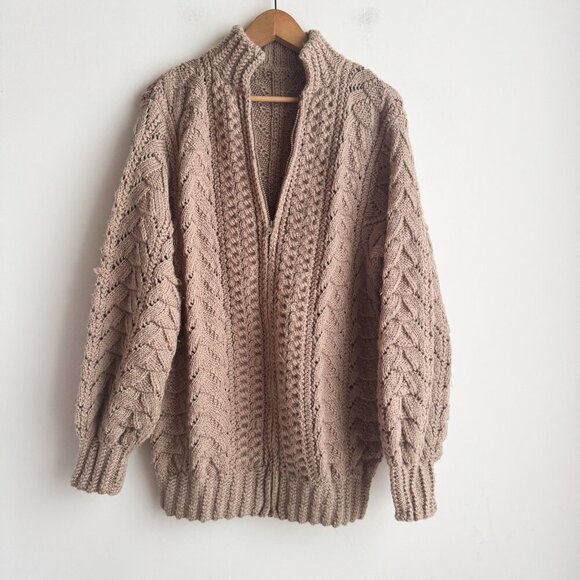 Unbranded Sweaters - Vintage Hand made Beige Brown Chunky Knit Cardigan Zip Up M